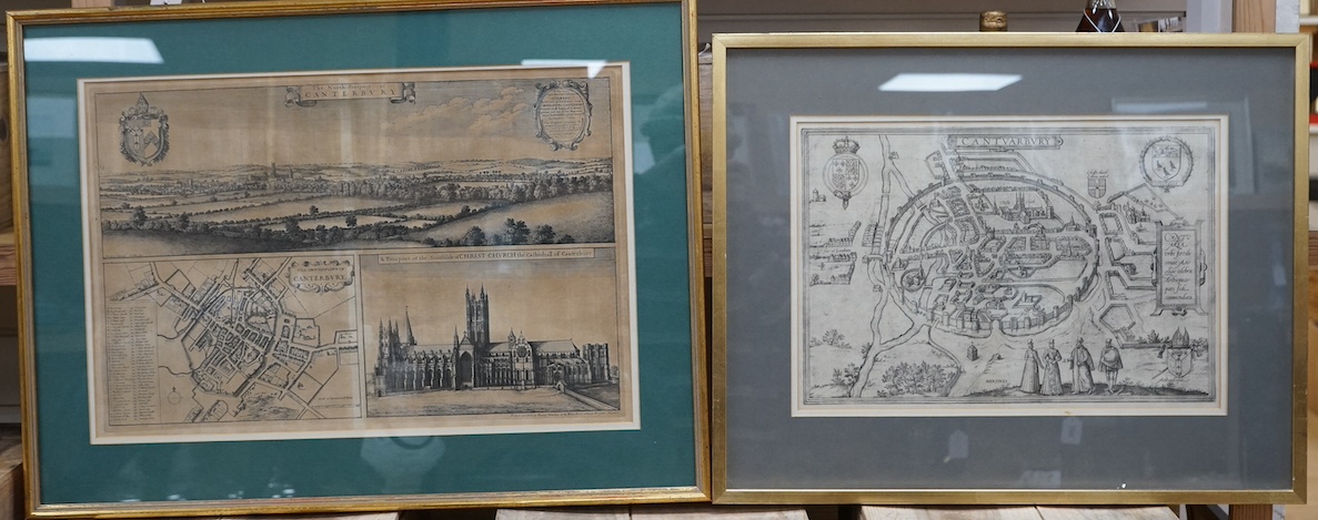 Two maps comprising; ‘The North Prospect of Canterbury’, etched map, printed and sold by Henry Overton, London and another ‘Cantvarbvry’, largest 37 x 57cm. Condition - fair